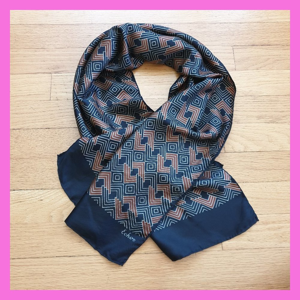 Echo NY Silk Scarf Long Black with Brown Geometric Squares Long 15" x 45"